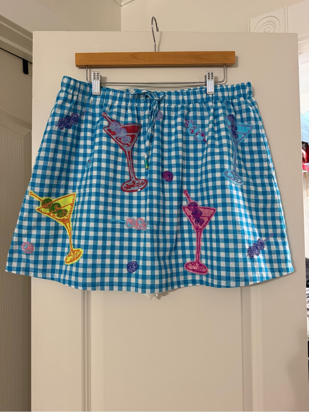 QUEEN OF SPARKLES Blue Gingham Mini Skirt with Multicolor Cocktail Motifs
